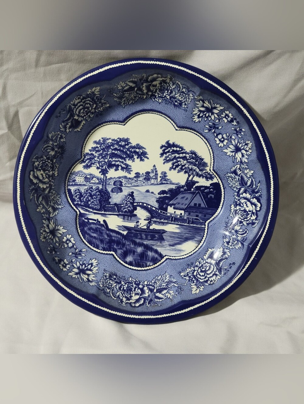 VINTAGE Metal Blue Scenic Transferware Dinner Plate - Timeless Blue and White